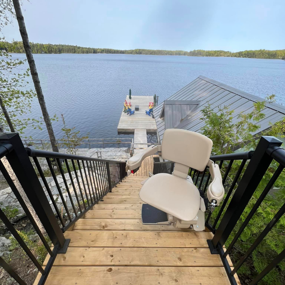 Grey outdoor stairlift.